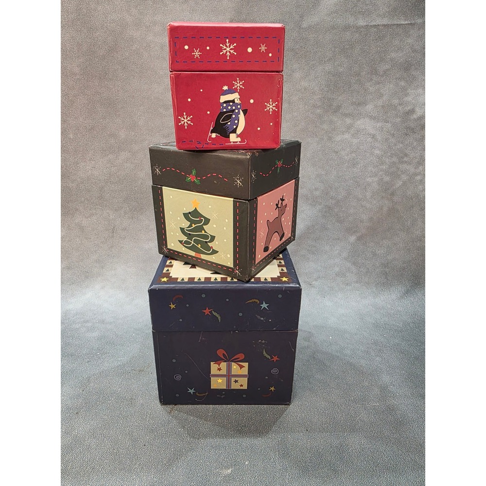 Christmas Nesting Boxes Set of 3 Santa Penguin Reindeer Holiday Decor Square
